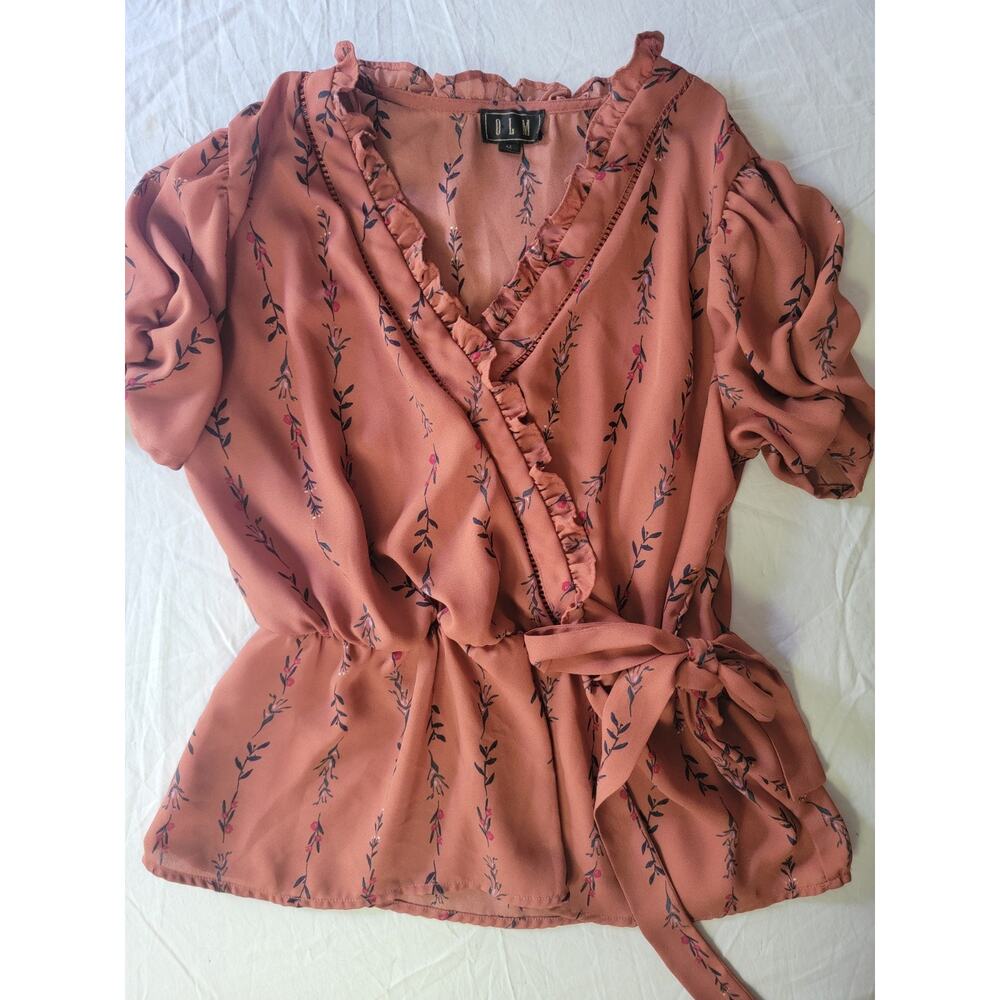 Pink Floral OLM Faux Wrap Peplum Blouse Size M Puff Sleeve Top
